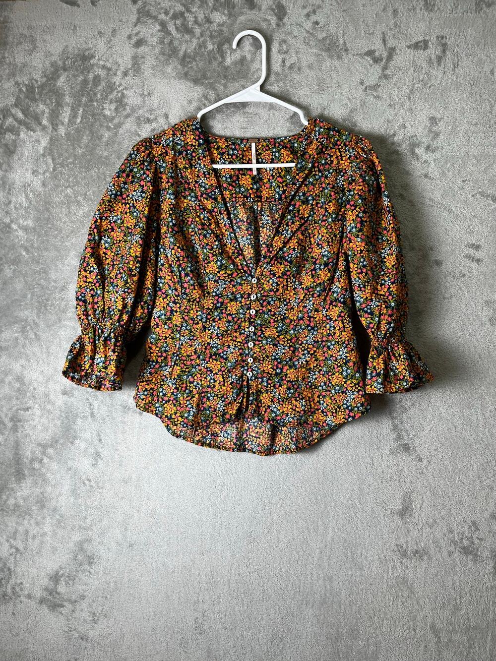 Free People Floral Peplum Blouse Women's Small Puff Sleeve Button Front Boho